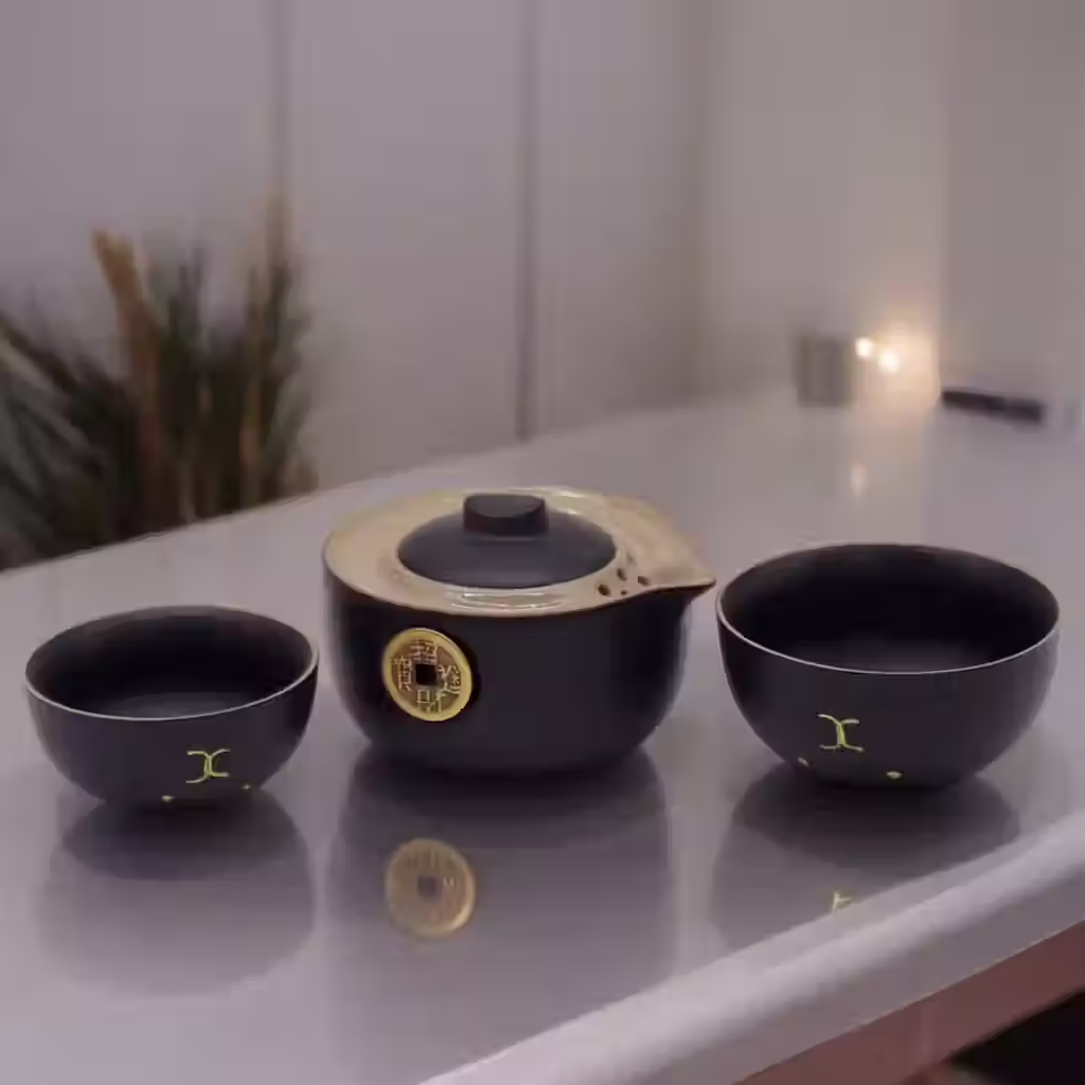 Thumbnail: Money Cat Teapot Set - Two Cups - Travel Pack - Black