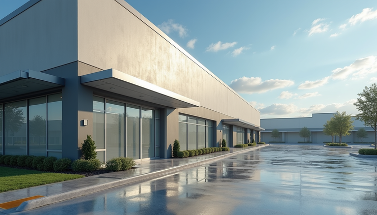 Wide angle view of a clean commercial building exterior after pressure washing