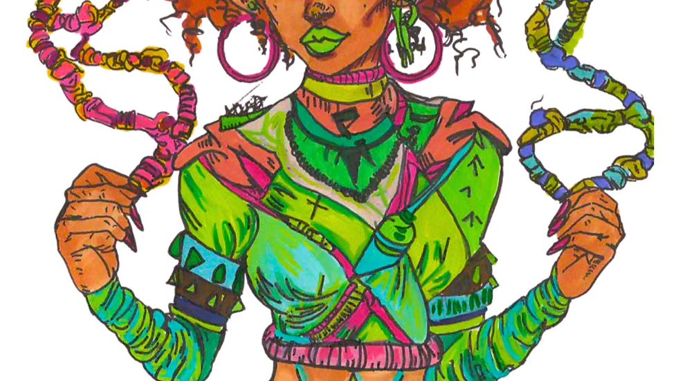 Fantasy character with curly orange hair, green outfit, holding colorful twisted ropes. Neon colors and intricate patterns. Confident expression.