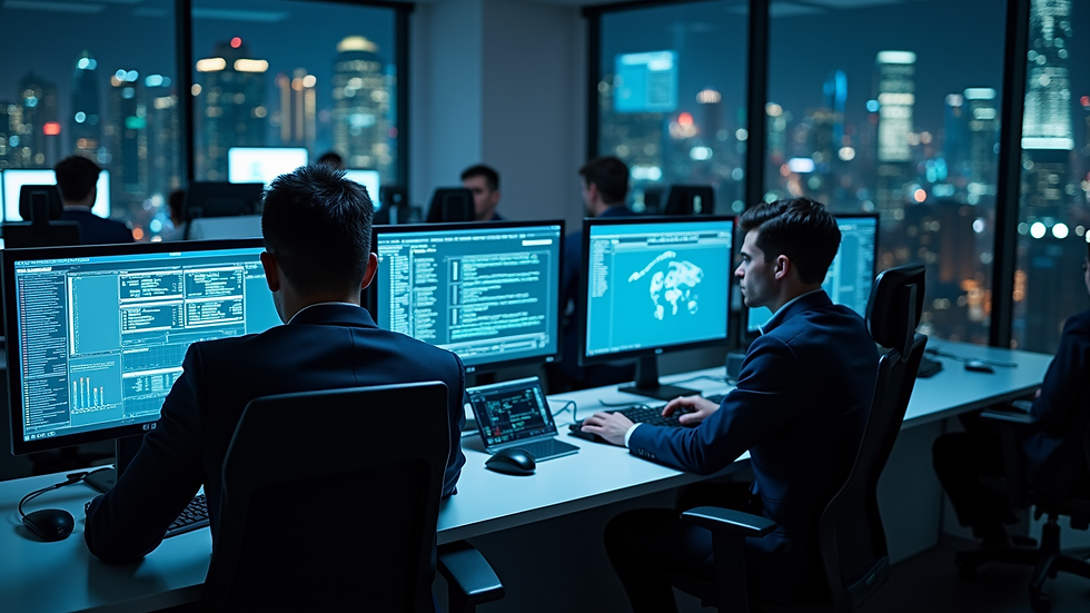 High angle view of a cybersecurity operations center with multiple monitors