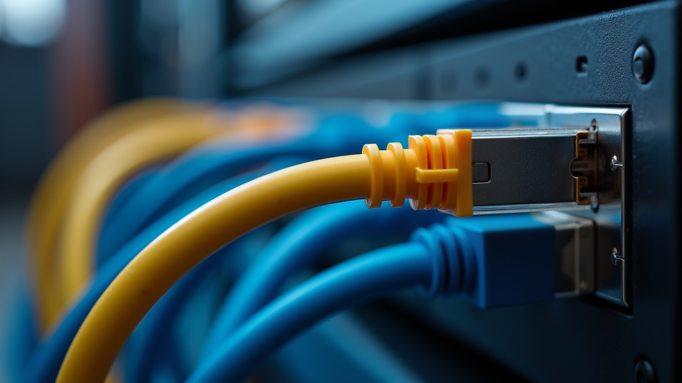 Close-up view of a firewall device with network cables connected