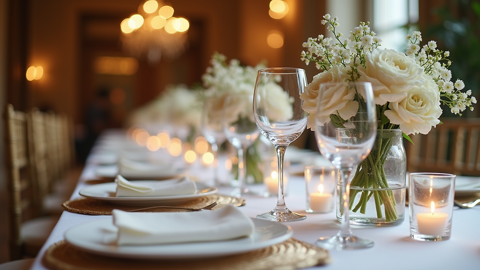 Eye-level view of an elegantly decorated wedding reception table with floral centerpieces and crystal glassware