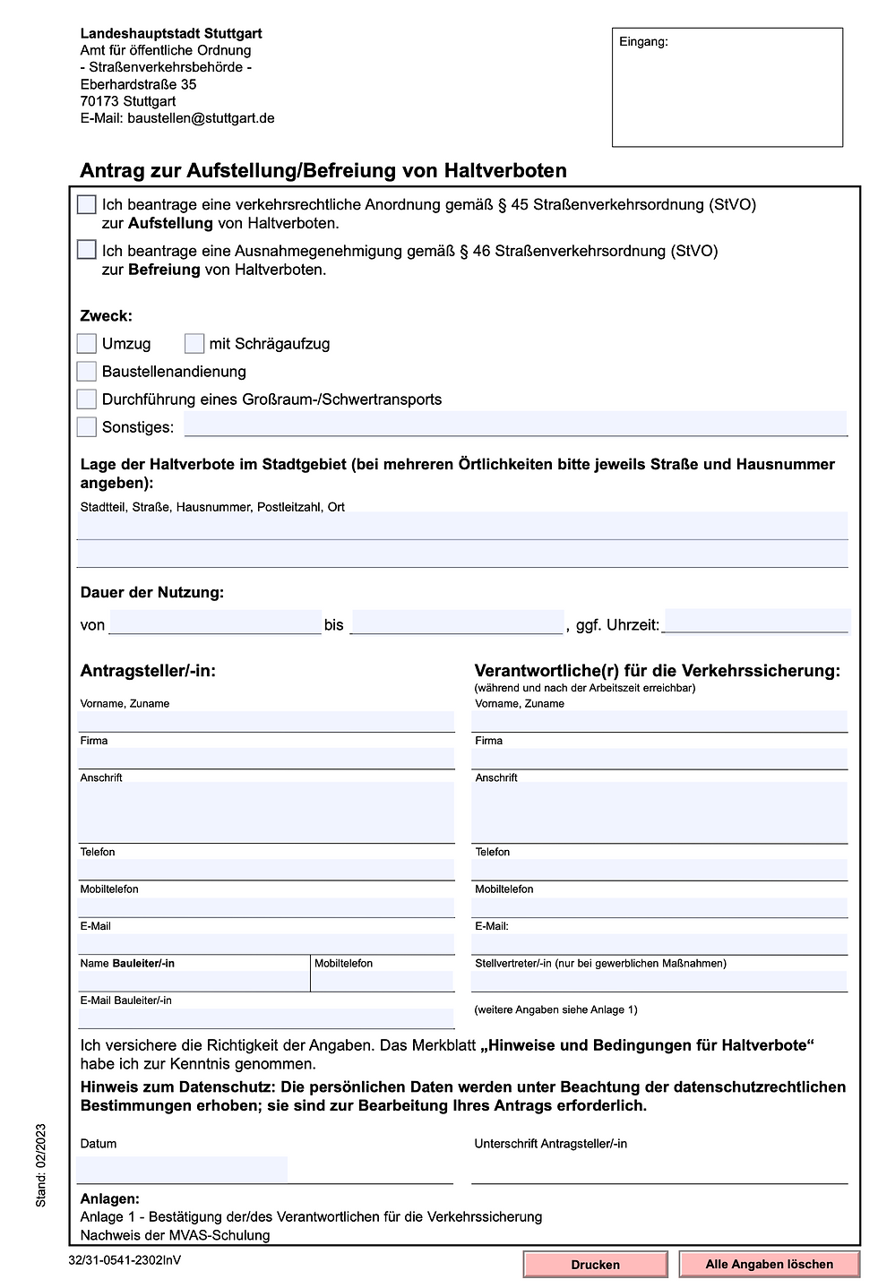 Halteverbot beantragen Stuttgart - Formular