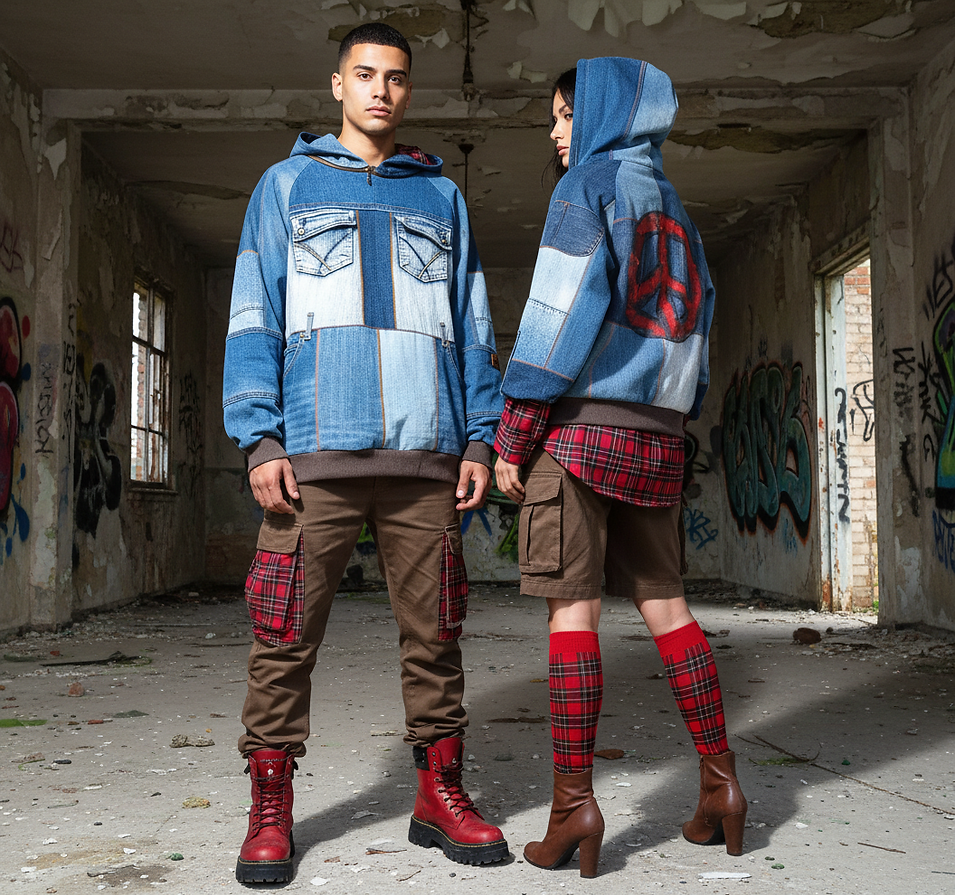 Due modelli posano in un edificio abbandonato con graffiti, indossando capi patchwork di denim e tartan della collezione Punk-à-Porter di Marita Balàzs: lui con felpa di jeans con tasche e pantaloni cargo marroni con inserti scozzesi, anfibi rossi; lei con felpa di jeans con simbolo della pace sulla schiena, camicia tartan, shorts marroni, calze lunghe tartan rosse e anfibi rossi.