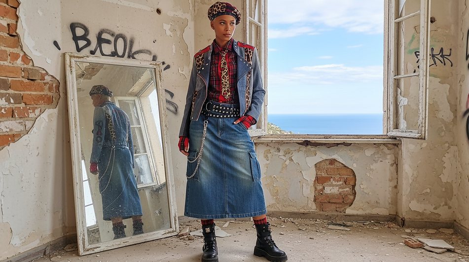 Modella in una stanza abbandonata con pareti scrostate e graffiti, indossa una giacca di jeans con borchie, camicia a quadri rossa, cravatta nera, gonna lunga in denim con catene e cintura borchiata, basco scozzese e anfibi neri, con vista sul mare dalla finestra, rappresentando lo stile punk sostenibile della collezione Punk-à-Porter 25/26 di Marita Balàzs.