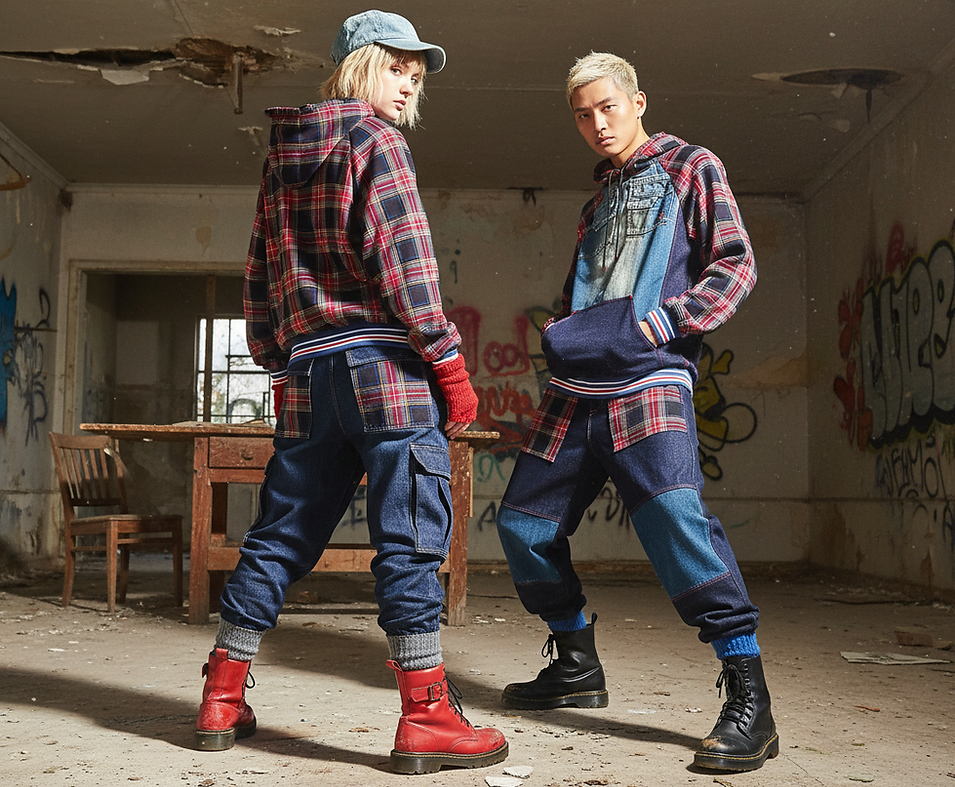 Modella posa in una stanza abbandonata con pareti scrostate e graffiti, indossando una felpa con cappuccio in denim e tartan rosso-blu, pantaloni cargo in denim con inserti tartan, guanti rossi, cappellino in denim e scarpe alte rosse. Il look esprime lo stile punk, audace e sostenibile della collezione Punk-à-Porter di Marita Balàzs.