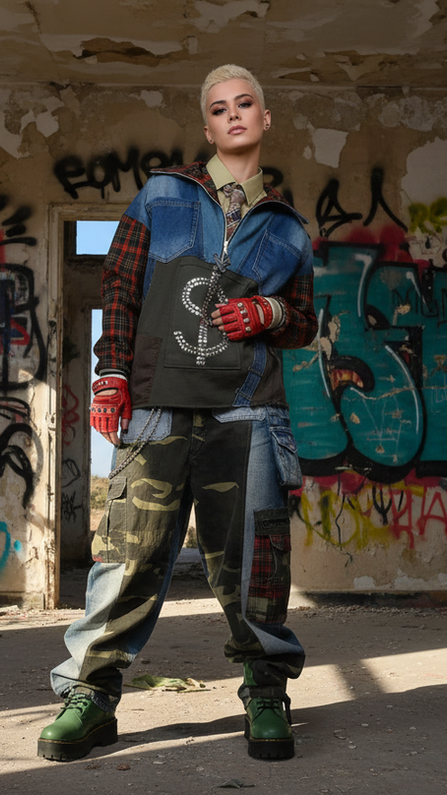Modella con capelli corti biondi posa in una stanza abbandonata con pareti scrostate e graffiti colorati. Indossa una giacca in denim patchwork con maniche tartan rosse e simbolo del dollaro in strass sul davanti, camicia militare, pantaloni cargo mimetici con inserti tartan, guanti rossi e anfibi verdi con plateau. Il look esprime lo stile punk, militare e sostenibile della collezione Punk-à-Porter di Marita Balàzs.