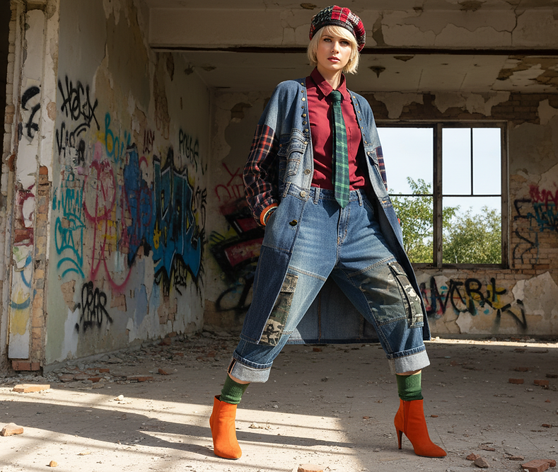 Modella in posa decisa in un edificio abbandonato con pareti ricoperte di graffiti, indossa un outfit unisex in denim riciclato con dettagli patchwork, camicia bordeaux, cravatta, cappello scozzese e stivaletti arancioni, rappresentando lo stile punk sostenibile della collezione Punk-à-Porter 25/26 di Marita Balàzs.