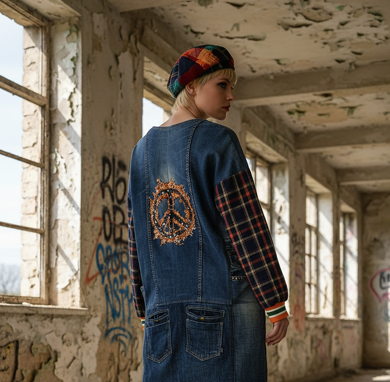 Modella di spalle in una stanza abbandonata con pareti scrostate e graffiti, indossa una giacca lunga in denim con simbolo della pace dipinto sulla schiena, maniche a quadri, pantaloni camouflage, basco scozzese, calzini verdi e scarpe col tacco arancioni, rappresentando lo stile punk sostenibile della collezione Punk-à-Porter 25/26 di Marita Balàzs.