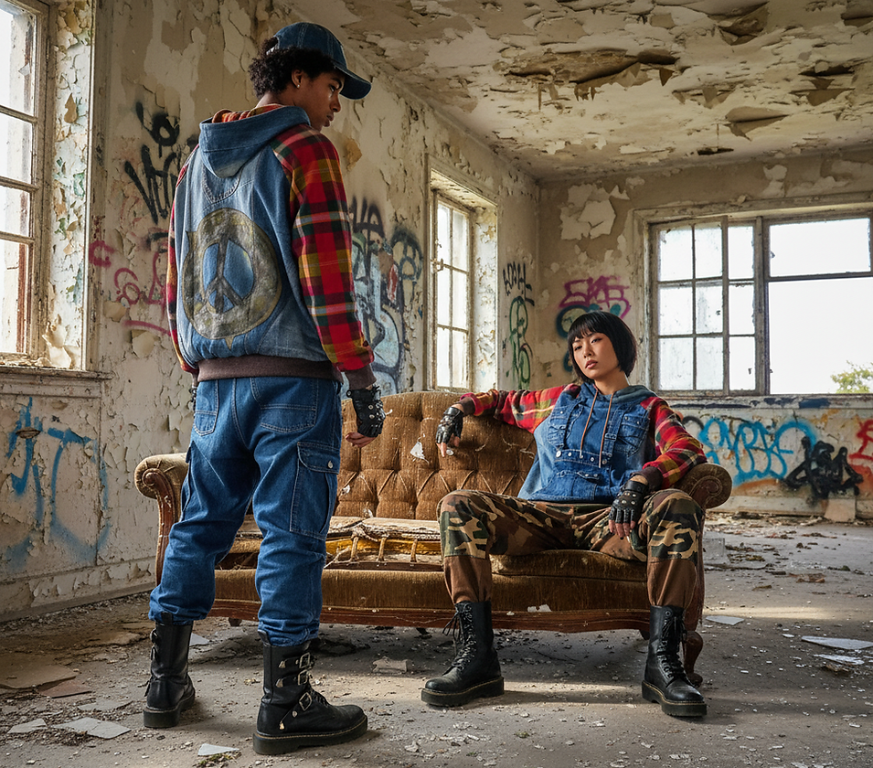 Due modelli posano in una stanza abbandonata con pareti scrostate e graffiti, seduti e in piedi su un vecchio divano. Indossano capi in denim e camicie a quadri rosse, con pantaloni cargo e anfibi neri. Uno dei modelli porta un gilet con simbolo della pace sul retro, mentre l’altro indossa pantaloni mimetici. Il look esprime lo stile punk, grintoso e sostenibile della collezione Punk-à-Porter di Marita Balàzs.