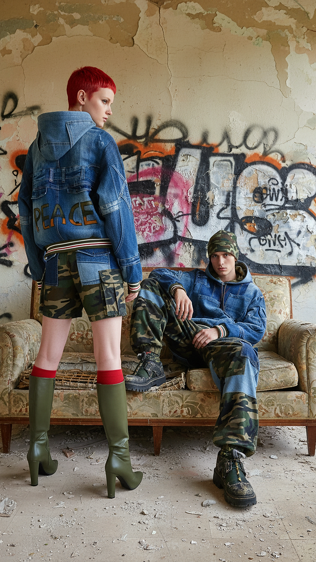 Due modelli posano in una stanza abbandonata con pareti scrostate e graffiti. La modella, di spalle, indossa una giacca in denim con la scritta "PEACE" sul retro, shorts mimetici e stivali alti verdi con calze rosse. Il modello, seduto su un divano vintage, indossa una giacca in denim, pantaloni mimetici e un berretto coordinato. Il look esprime lo stile punk, militare e sostenibile della collezione Punk-à-Porter di Marita Balàzs.