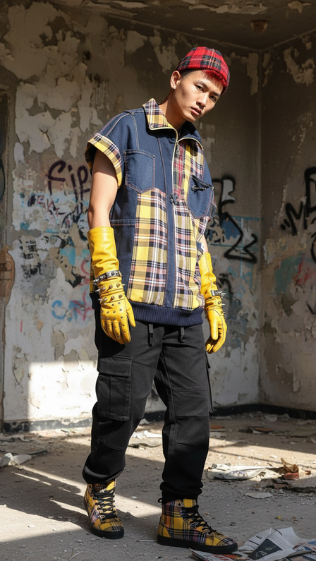 Modello posa in una stanza abbandonata con pareti scrostate e graffiti, indossando un gilet in denim con inserti a quadri gialli, pantaloni neri cargo, guanti gialli e cappello tartan coordinato. Ai piedi, sneakers con dettagli tartan. Il look esprime lo stile punk, audace e sostenibile della collezione Punk-à-Porter di Marita Balàzs.