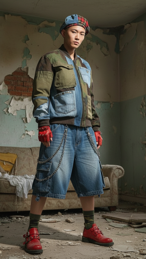 Modello posa in una stanza abbandonata con pareti scrostate e finestra, indossando una giacca patchwork in denim e tessuto mimetico, bermuda in denim con catene, guanti rossi, calzini verdi, scarpe rosse con fibbie e un basco tartan. Il look esprime lo stile punk, militare e sostenibile della collezione Punk-à-Porter di Marita Balàzs.