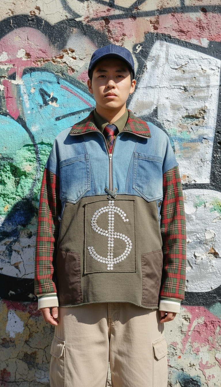 Felpa unisex in patchwork di denim e tessuto tartan, tasca frontale con applicazione “S”, indossata da modelli davanti a un m