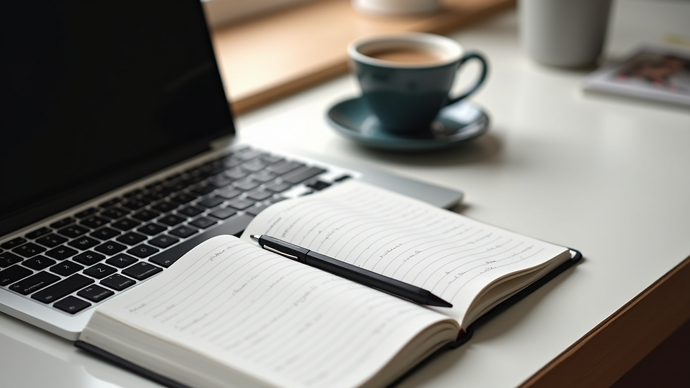 High angle view of a simple home office setup with a notebook and coffee