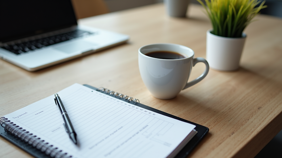 High angle view of a planner and coffee cup on a desk, symbolizing business planning
