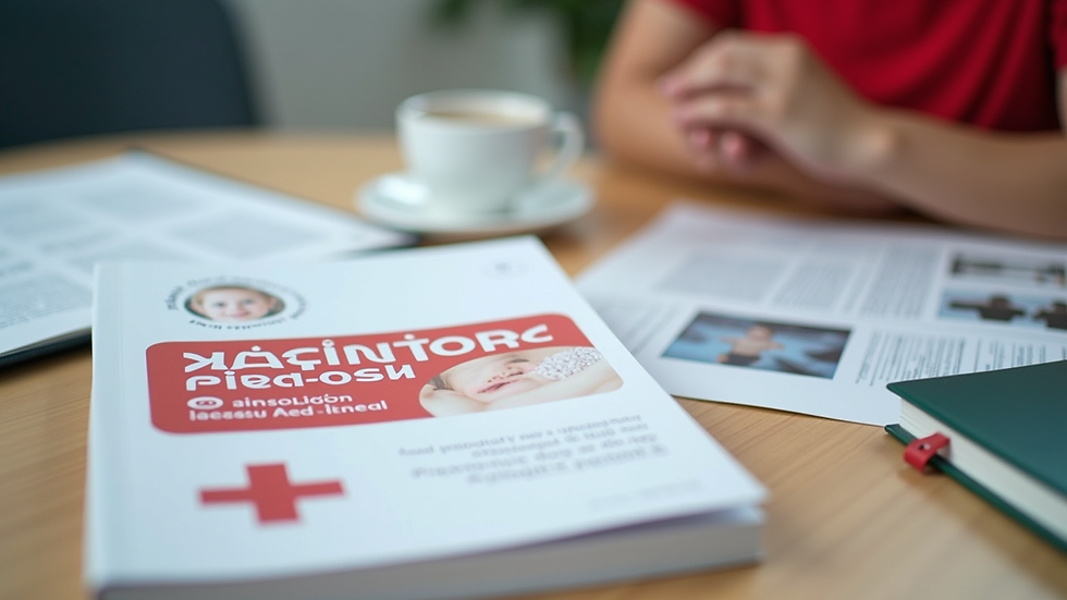 Close-up view of a paediatric first aid manual and training materials on a table