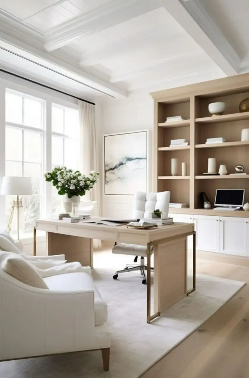 Home office rug placement showcasing a light neutral area rug under desk and seating, with proper spacing for chair movement.
