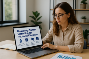 A young professional woman with glasses types on a laptop in a bright modern office. The laptop screen displays a presentation slide titled “Mastering Content Marketing for Technical Solutions,” featuring charts, icons, and strategy points. Potted plants and shelves decorate the workspace, creating a clean, professional setting that emphasizes the blend of technical expertise and marketing strategy.
