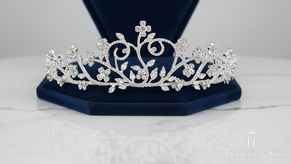 Close-up view of a silver wedding tiara with intricate floral design