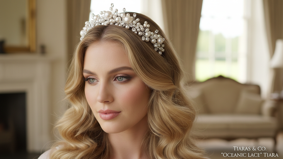 Eye-level view of a pearl wedding tiara styled with a loose wavy hairstyle