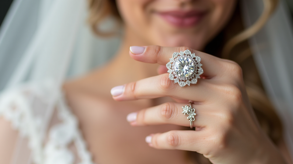 Close-up view of a delicate handcrafted wedding ring with intricate details