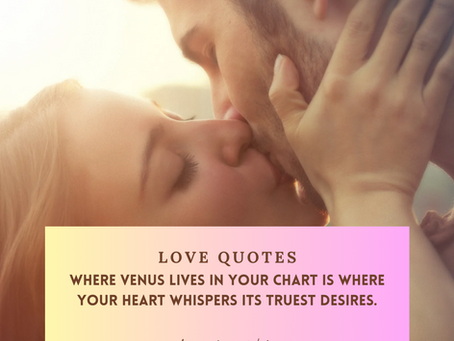 A romantic image of a couple gently kissing, with soft sunlight glowing around them. Overlaid is a pink and yellow gradient box with the text: “LOVE QUOTES — Where Venus lives in your chart is where your heart whispers its truest desires.” Below that is the signature “Lissabeta Kalaj” and the social handle @astrodevi333 along with the website www.astrodevi.com.