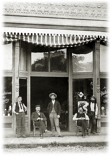 Historic photo of men in front of drug store