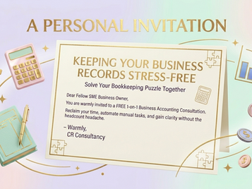 SME business accounting consultation invitation with bookkeeping puzzle theme, featuring gold accents and pastel colors.