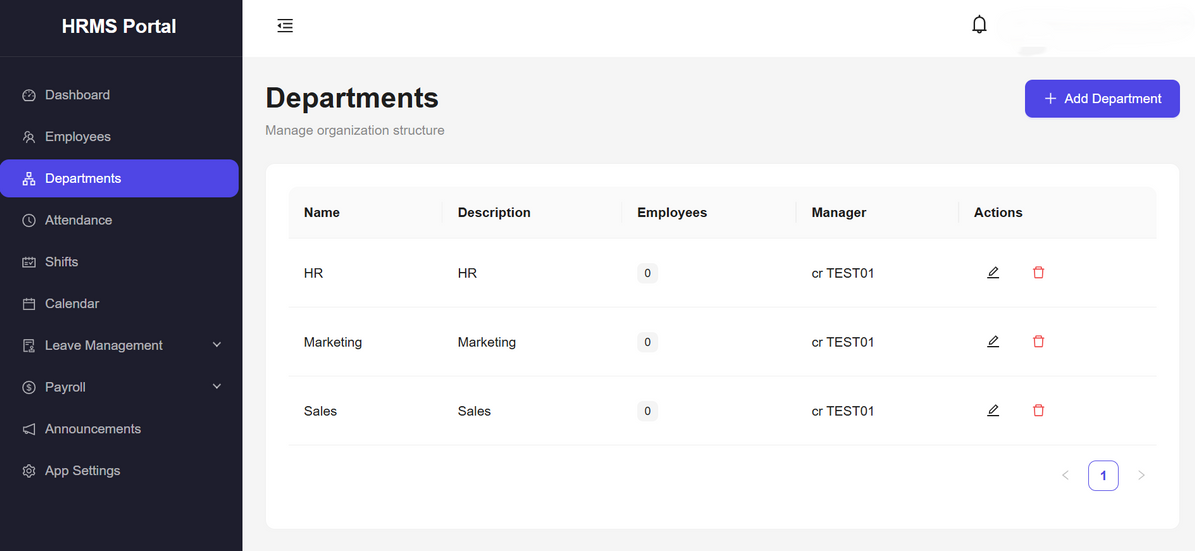 A custom departments module interface showing organizational structure management, employee basic ea