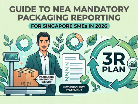 A professional guide to NEA Mandatory Packaging Reporting for Singapore companies in 2026, featuring an illustration of a professional standing next to a shipping box on a scale, with icons representing the Methodology Statement, Packaging Inventory, and a circular green arrow highlighting the 3R Plan.