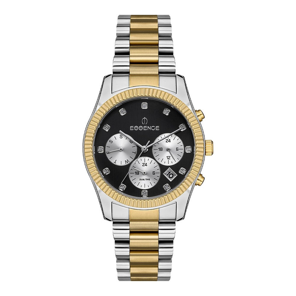 Essence ES6573FE.260 Erkek Kol Saati - Gümüş Altın Bicolor, Siyah Kadran, Taşlı