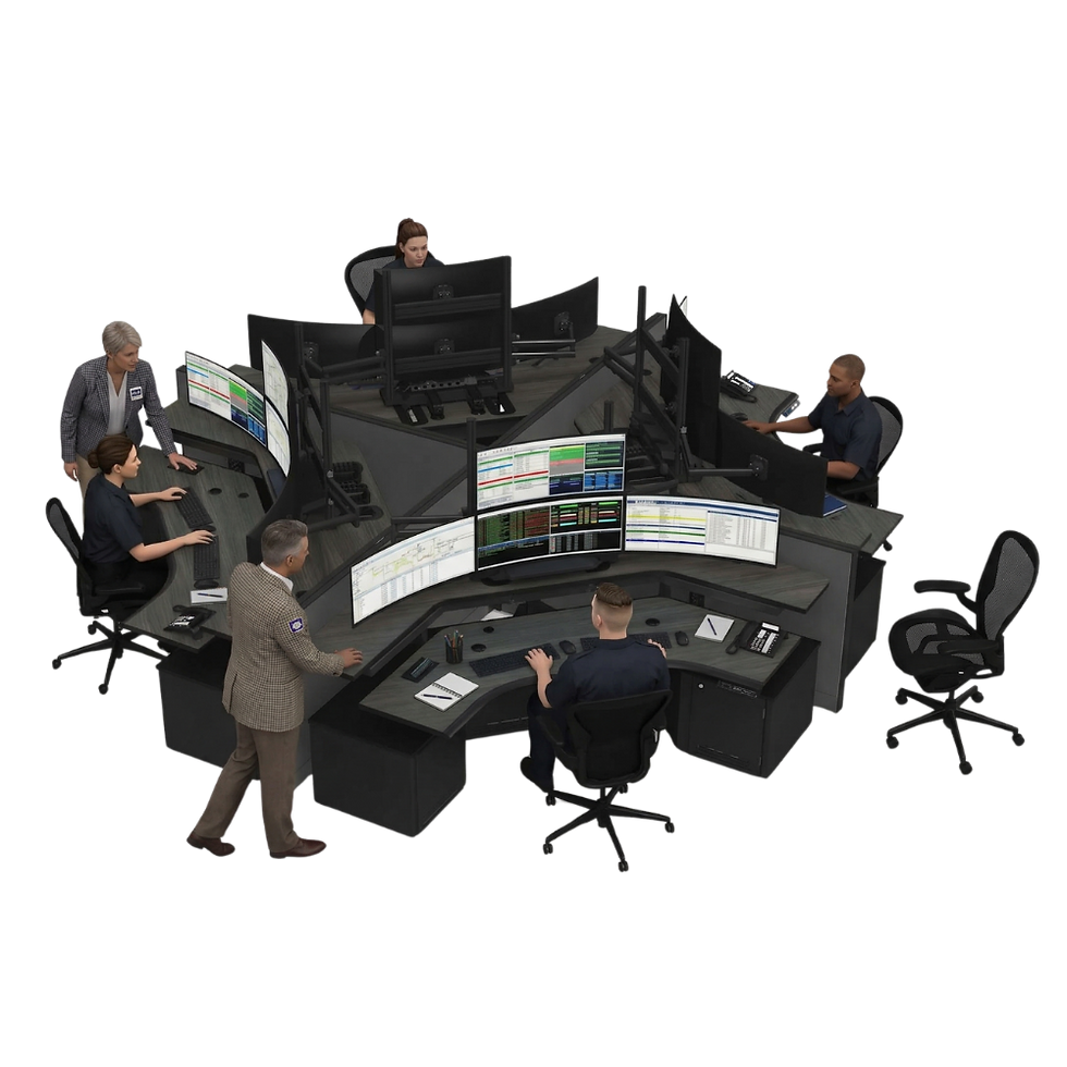 Eye-level view of modular dispatch consoles arranged in a curved control room layout