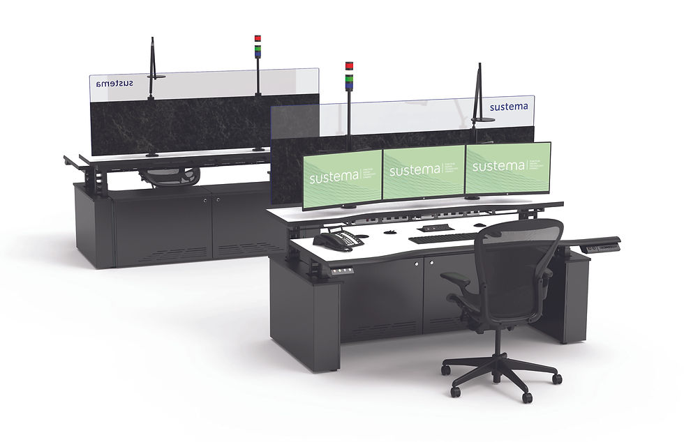 Overhead view of a dispatch console with organized cables and task lighting.