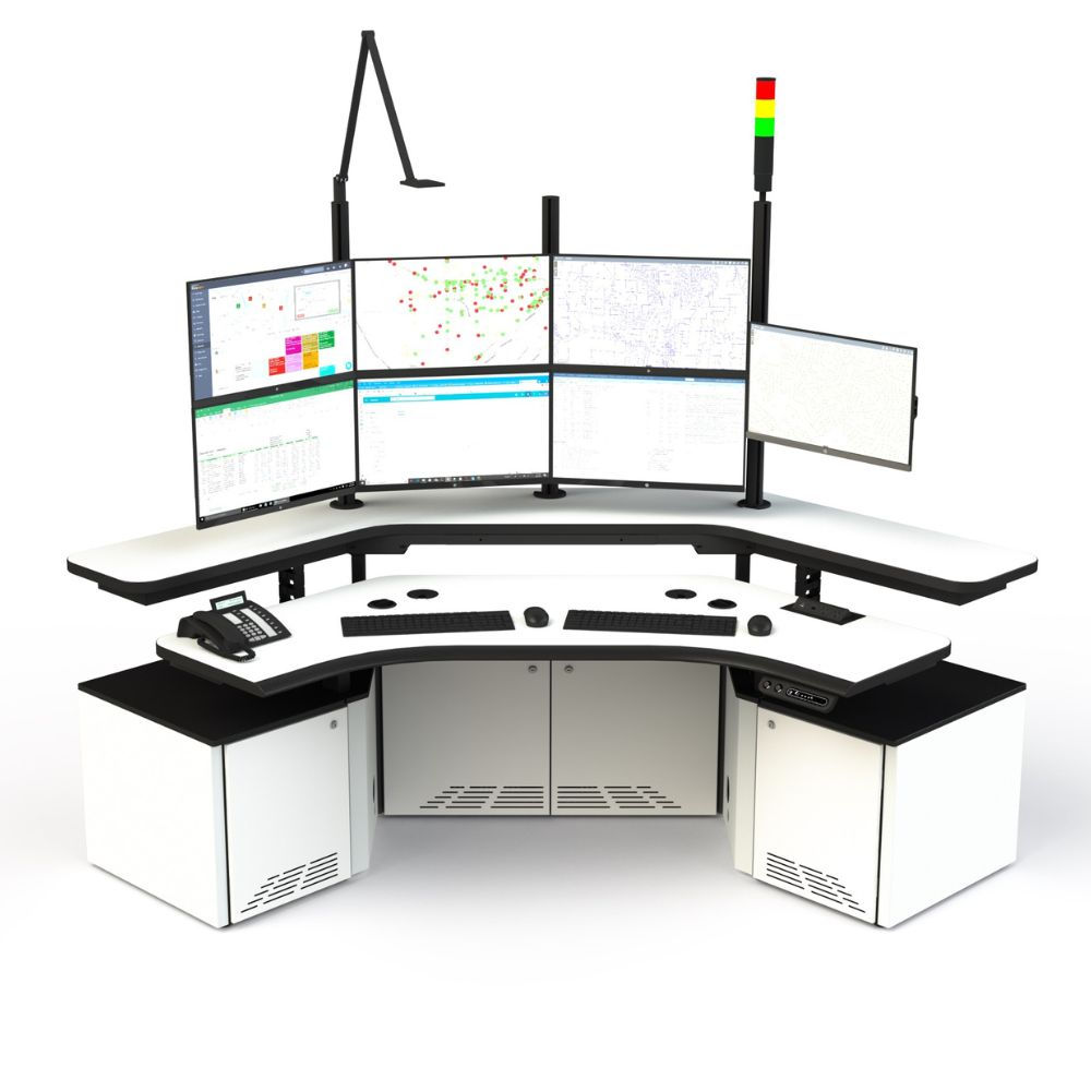 Ergonomic and heavy duty 911 dispatch control console - Sustema Inc control console manufacturer
