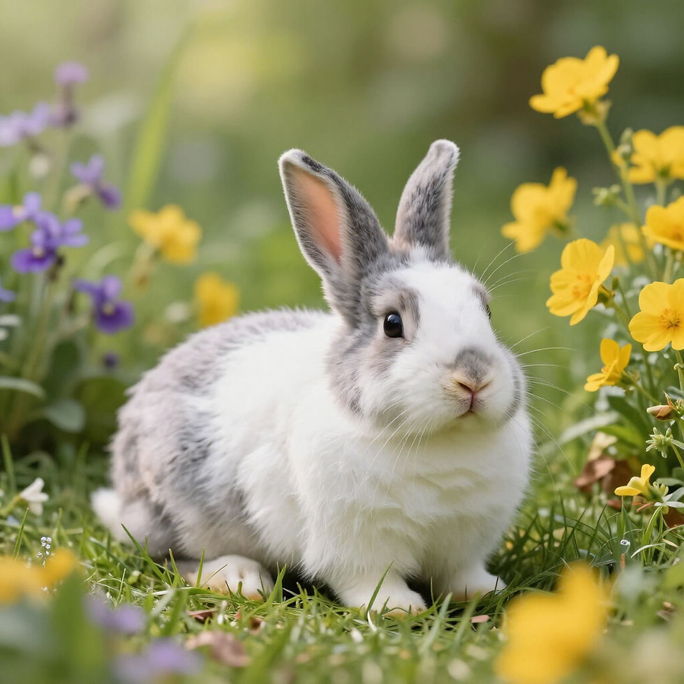 White and grey small pet rabbit in grass with flowers at Pets Park boarding kennels in Sancrox 2446, Port Macquarie and surrounding areas