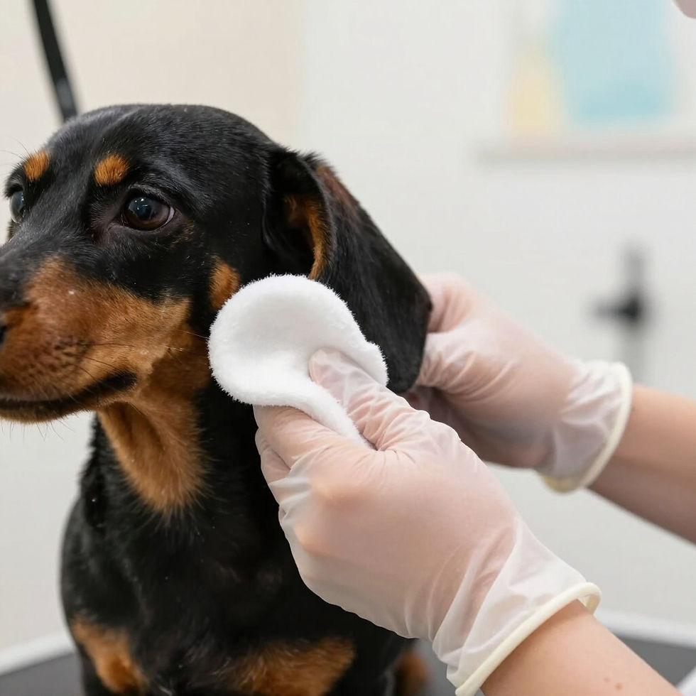 Gloved hands cleaning a dog's ear during a dog bath. ear cleaning/plucking service at Pets park boarding kennels in Sancrox 2446, Port macquarie pet boarding services