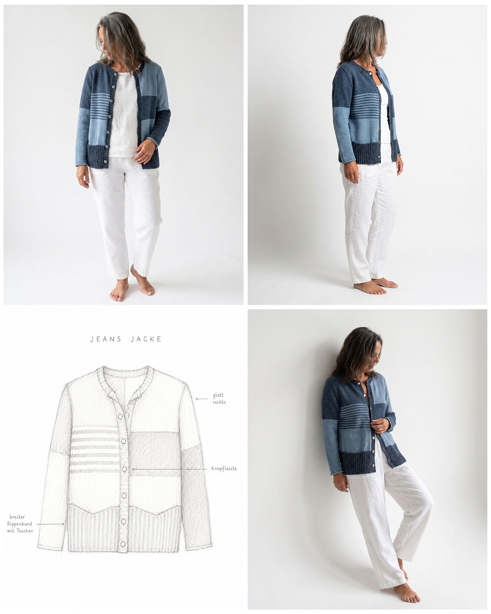 Frau trägt die handgestrickte Jeans Jacke in Blau mit weißer Leinenhose, Knopfleiste und breitem Rippenbund.