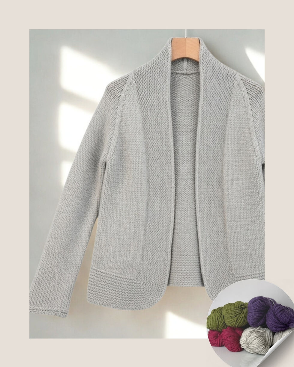 Strickset ALVA Jacke – zeitlose, figurbetonte Strickjacke mit angestricktem Schalkragen, gestrickt aus Queensland Falkland Ch