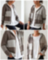 Collage der BARISTA Jacke mit Kapuze, Streifenpartien, Farbflächen und modernem Lagenlook.