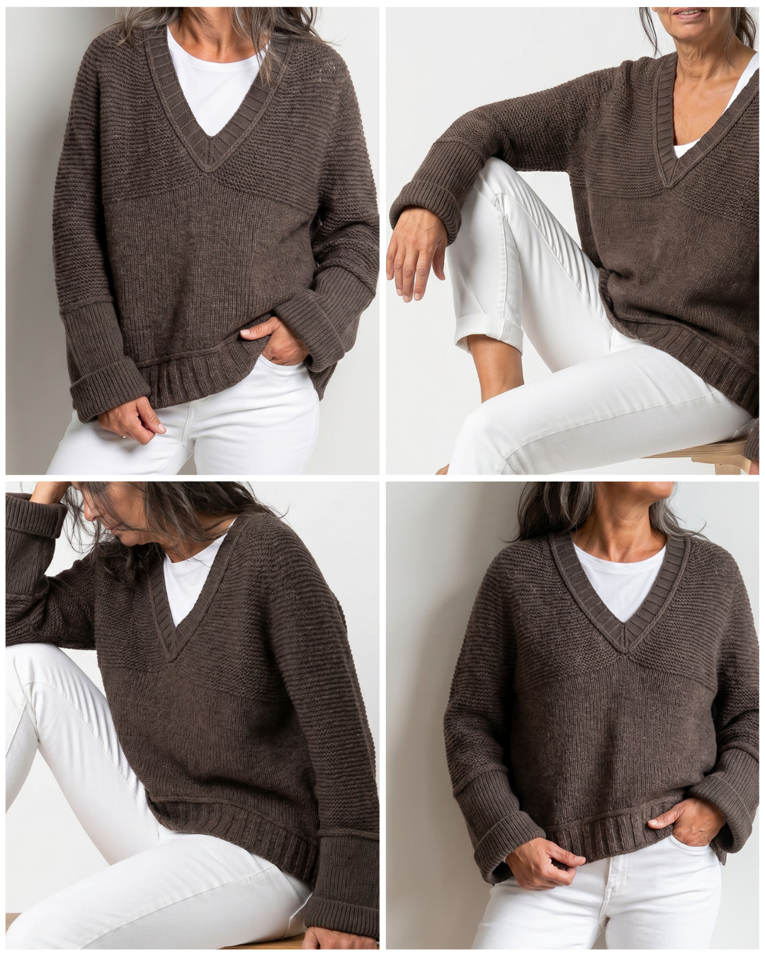 Collage mit vier Ansichten des Nordlicht Sweaters in Braun, getragen zu weißer Jeans, mit Fokus auf Form, Ausschnitt und Pass