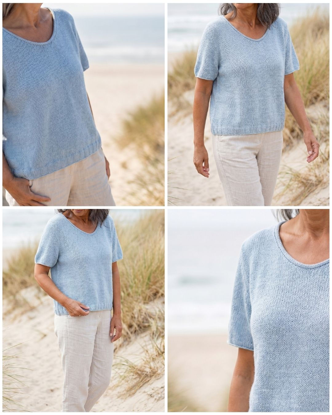 Collage mit vier Strandbildern des Coco Shirts in Hellblau, kombiniert mit heller Leinenhose vor Dünen und Meer.