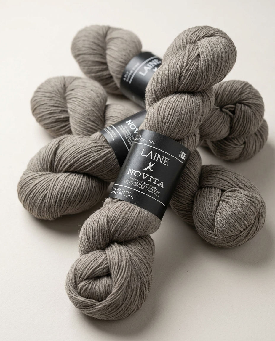 Novita x Laine 4PLY in Weathered Driftwood – graubraune Garnstränge mit schwarzer Originalbanderole