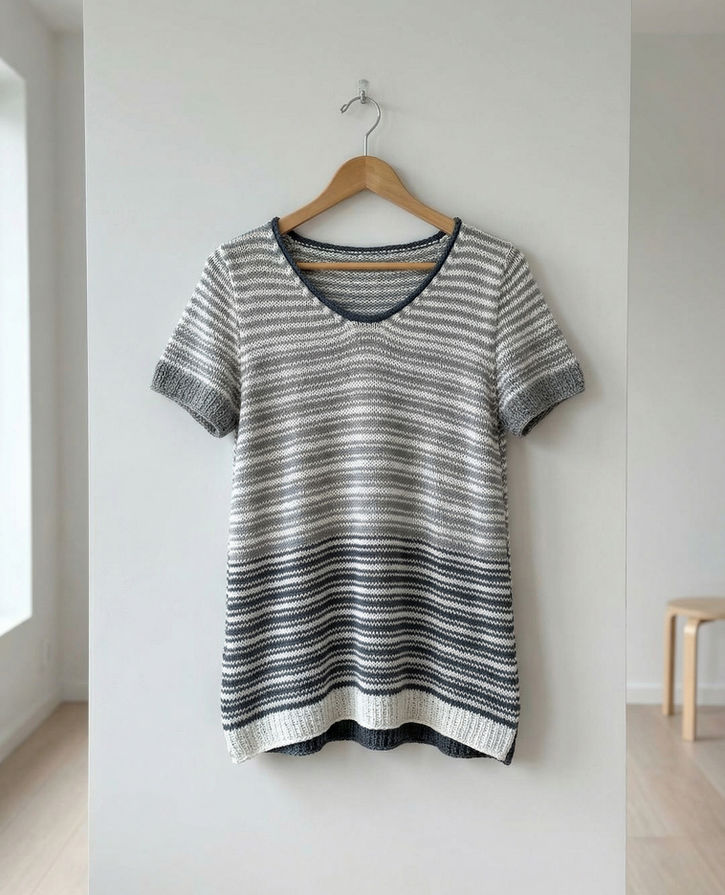 ein gestricktes Shirt mit Streifen hängt an einer Wand