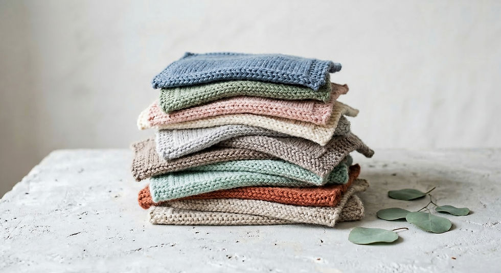 Mehrere handgestrickte Maschenproben in sanften Farben