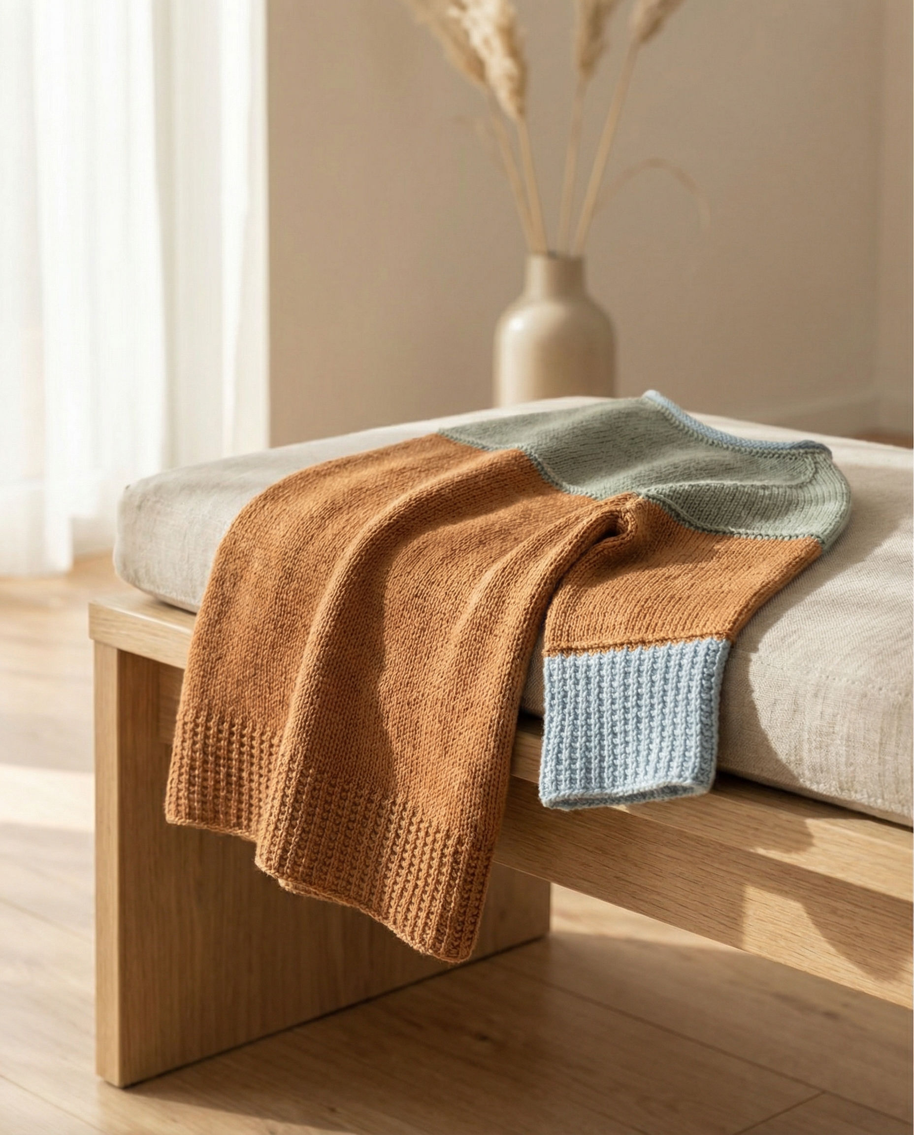 Handgestrickter Oversized Pullover mit Sattelschulter in drei Farbflächen