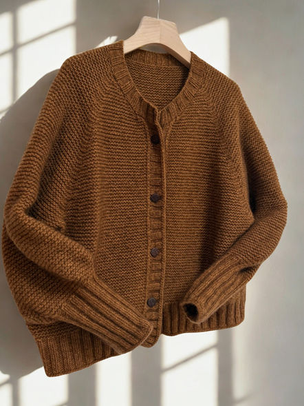 NO.2 Yakari Jacke aus Yak-Merino-Wolle, kraus rechts gestrickt, mit tiefem Raglanschnitt und großzügigen Ärmeln, getragen in Größe W1 mit lässiger Mehrweite, Farbe 0011 YAK von LANG YARNS.