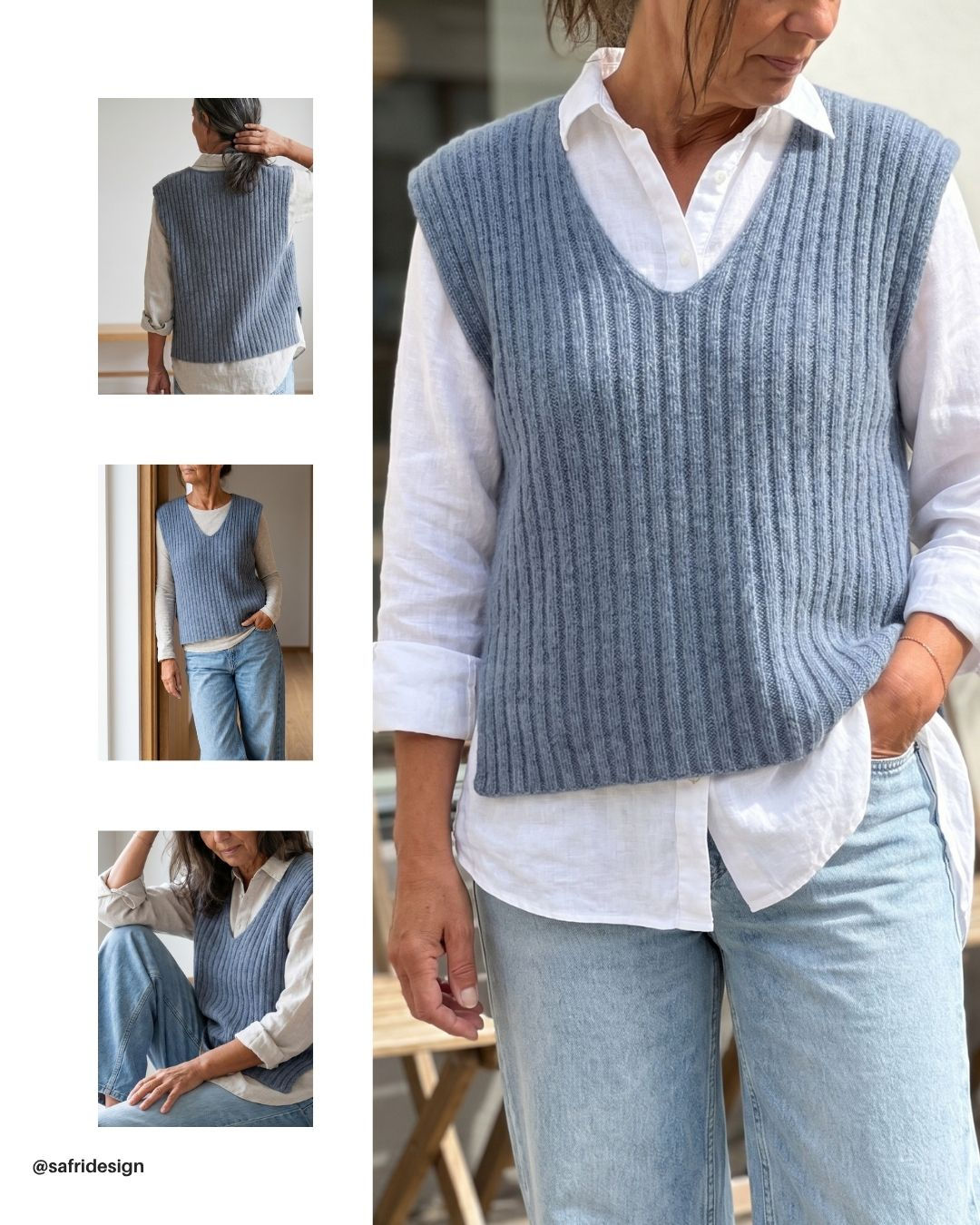Collage mit mehreren Ansichten des DREAM Pullunders im Lagenlook mit Leinenbluse und Jeans.