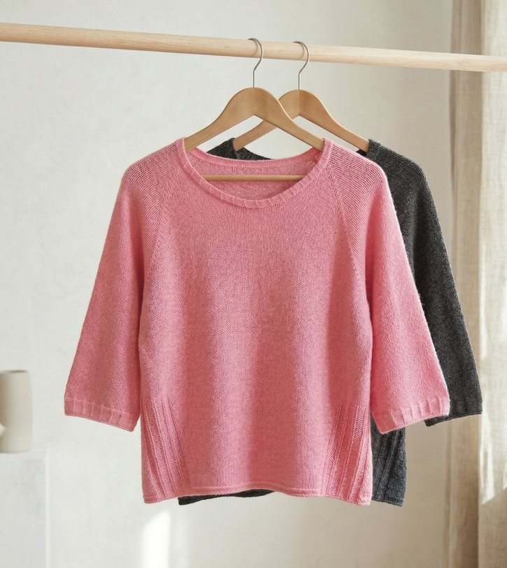 LIV Sweater handgestrickter Raglanpullover aus Kaschmir von SAFRIDESIGN, zwei Pullover auf Holzkleiderbügeln vor heller Wand