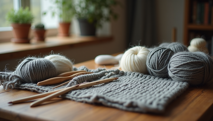 Wolle auf einem Tisch mit Holznadeln